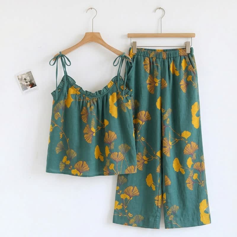Completo da casa composto da canotta e pantaloni con motivo a foglie botaniche. - Verde e arancione - XL - image 0