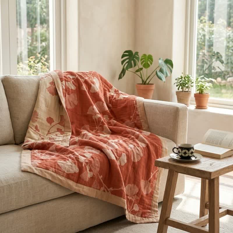 Coperta in cotone con motivo a foglie di ginkgo rosse - image 2