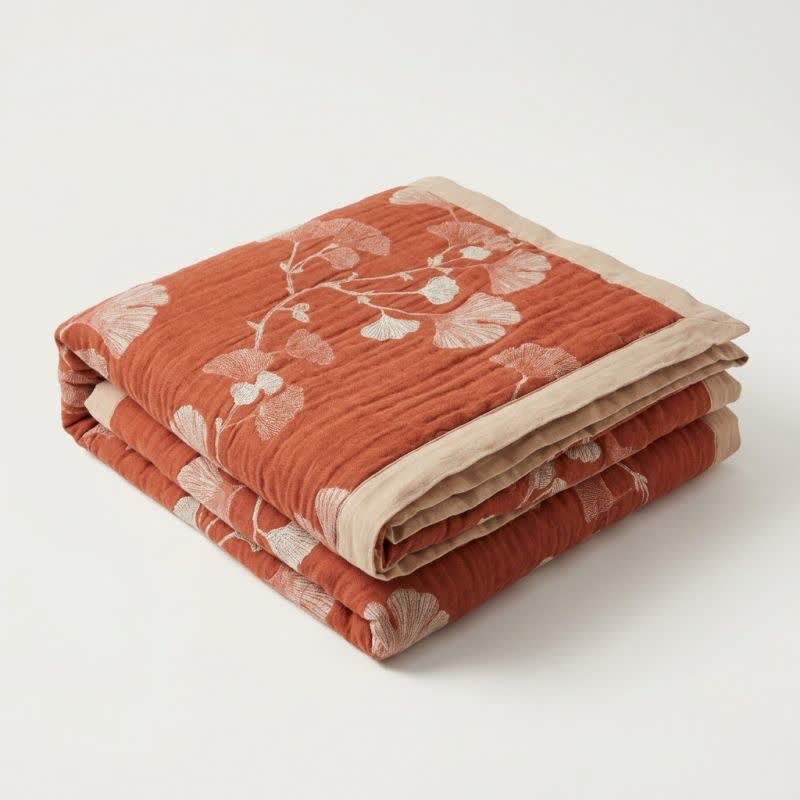 Coperta in cotone con motivo a foglie di ginkgo rosse - image 5