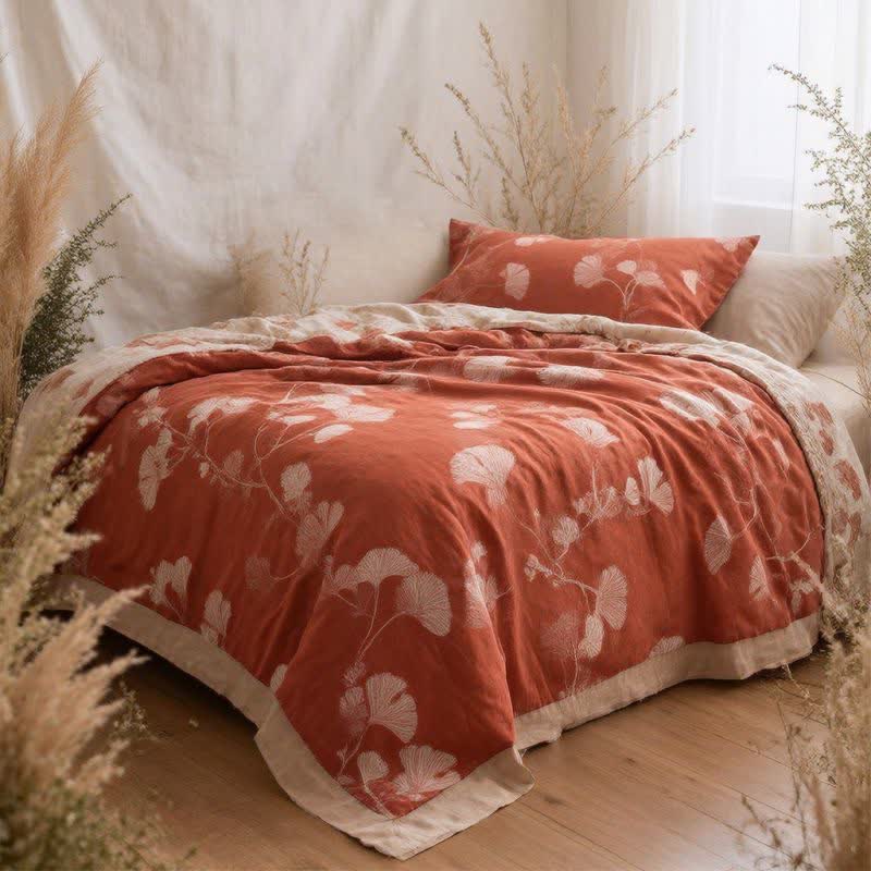 Coperta in cotone con motivo a foglie di ginkgo rosse - image 1