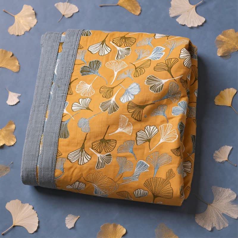 Coperta reversibile in cotone con motivo Ginkgo dorato - image 5