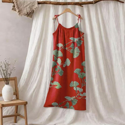Abito lungo da casa con laccetti e motivo a foglie di ginkgo - Rosso e verde - XL - image 0