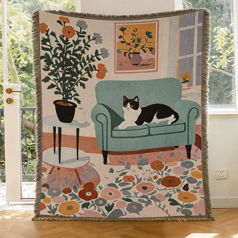 Coperta con frange intrecciate a tema gatto in stile boho - image 2