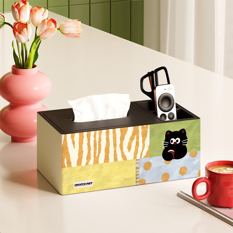 Porta fazzoletti in legno con motivo a patchwork di gatti giocosi - Multicolore - 11" L × 6" W × 5" H - Con supporto per telecomando - image 2
