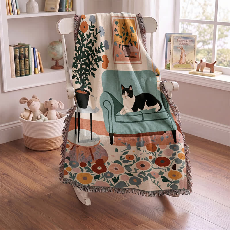 Coperta con frange intrecciate a tema gatto in stile boho - image 1