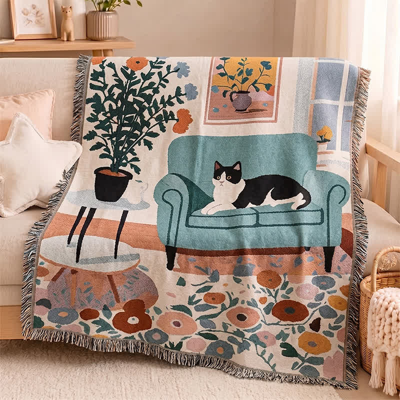 Coperta con frange intrecciate a tema gatto in stile boho - Multicolore - 51" L × 180cm W - image 0
