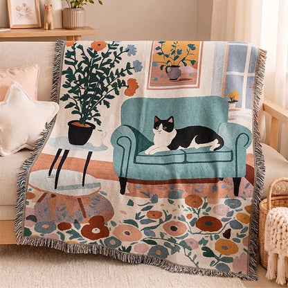 Coperta con frange intrecciate a tema gatto in stile boho - Multicolore - 51" L × 180cm W - image 0