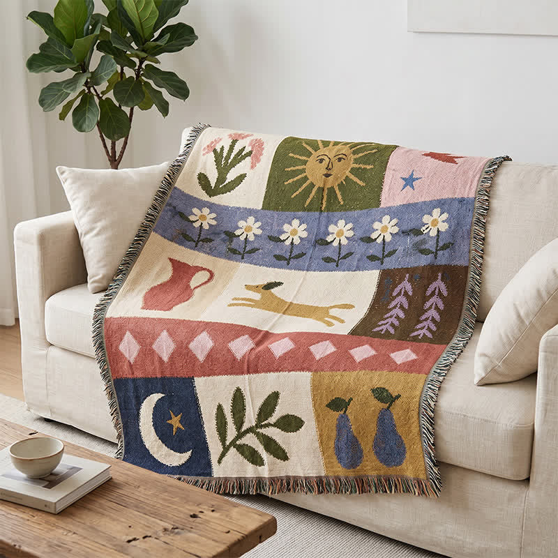 Coperta patchwork con frange e motivo a cuccioli - Multicolore - 51" L × 230cm W - image 0