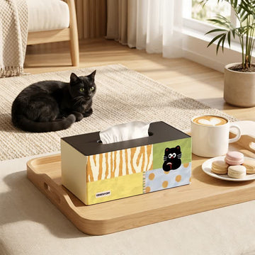 Porta fazzoletti in legno con motivo a patchwork di gatti giocosi - Multicolore - 11" L × 6" W × 5" H - Classico - image 0