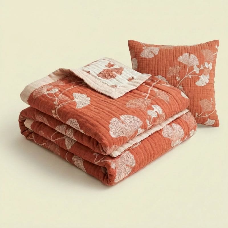 Coperta in cotone con motivo a foglie di ginkgo rosse - image 2