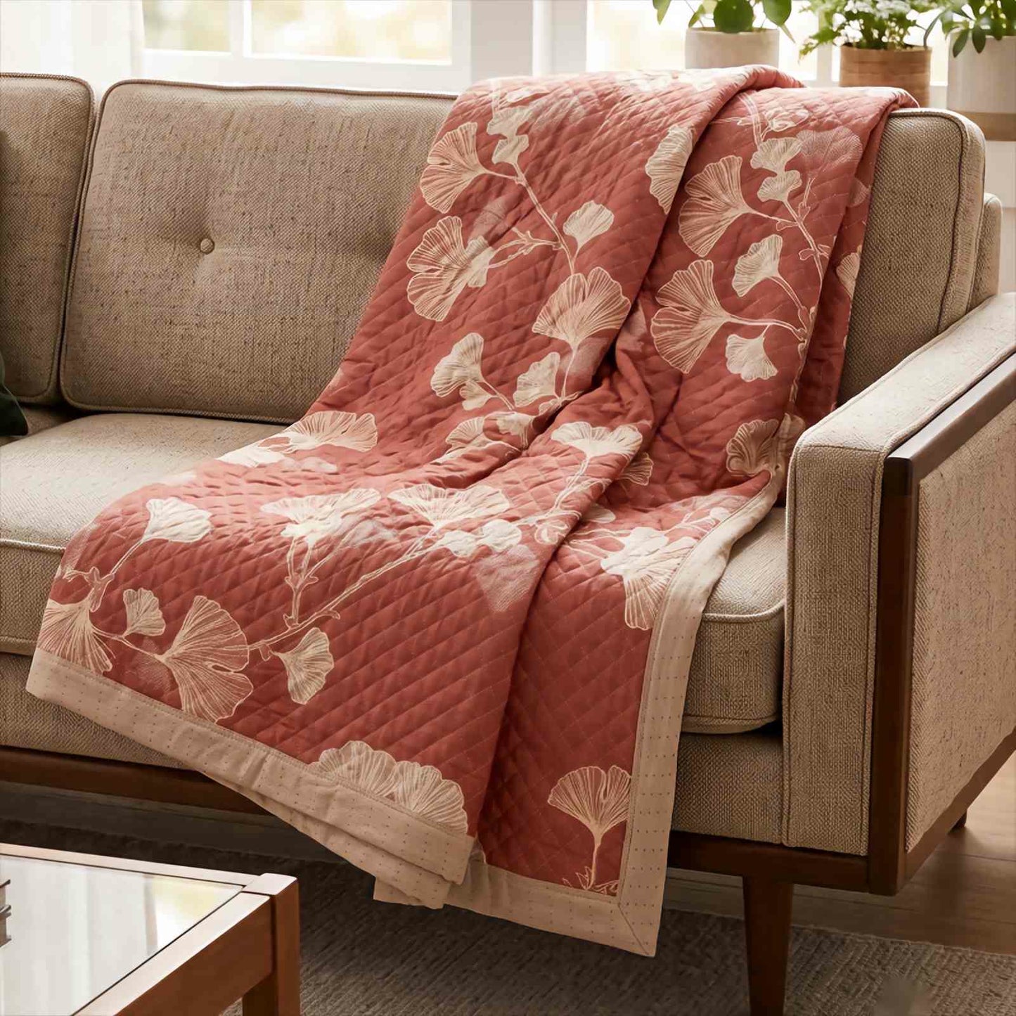 Coperta in cotone con motivo a foglie di ginkgo rosse - image 9