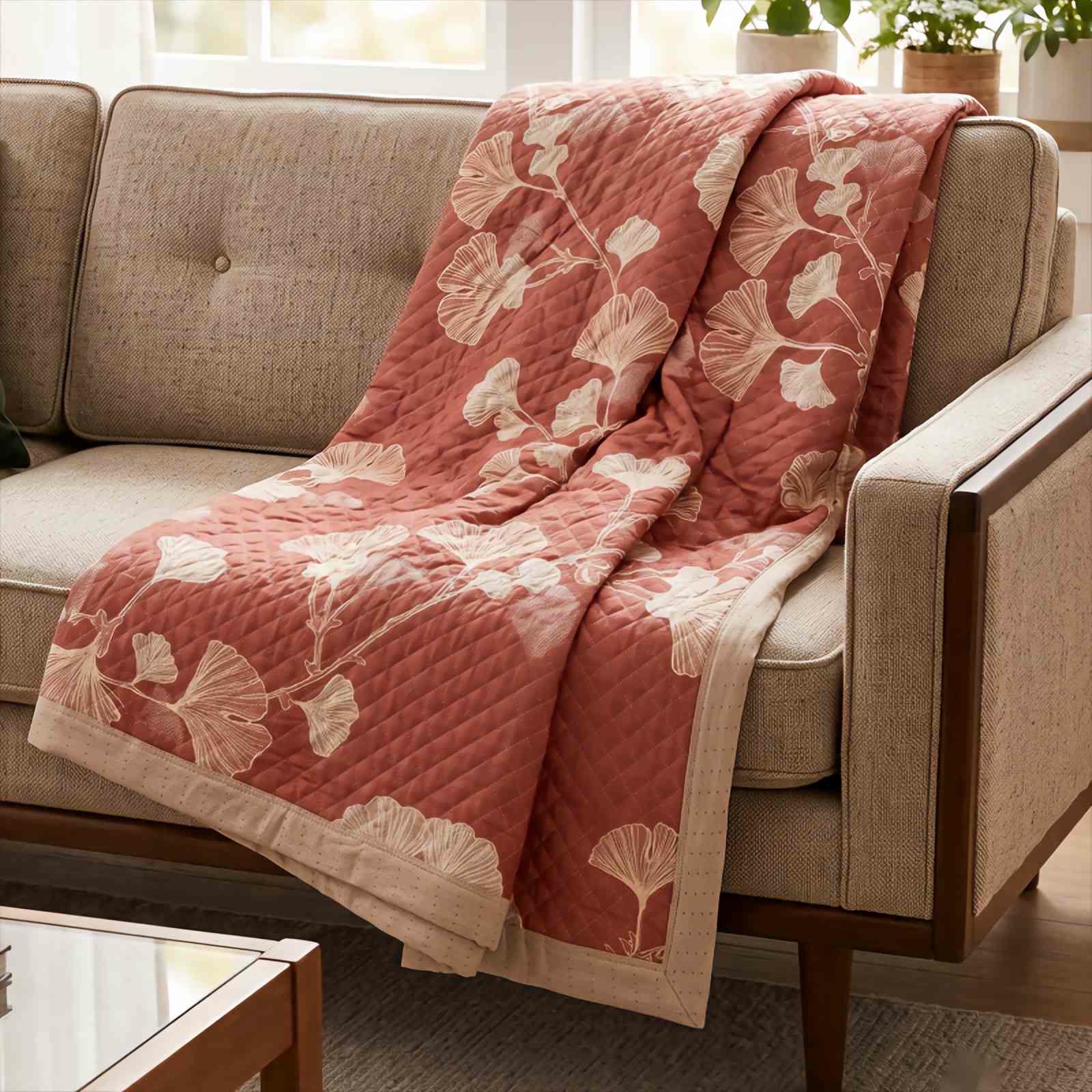 Coperta in cotone con motivo a foglie di ginkgo rosse - image 9