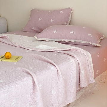Trapunta estiva in lyocell con volant e fiocchi - Viola - 79" × 91" - Set di biancheria da letto da 3 pezzi - image 0