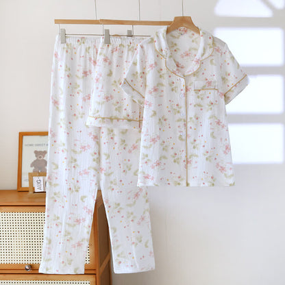 Set da salotto a 3 pezzi in garza di cotone con fantasia floreale, ideale per il relax. - Bianco - XL - image 0