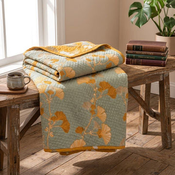 Coperta trapuntata reversibile con motivo botanico di Ginkgo - Grigio - 127cm x 152cm - image 0