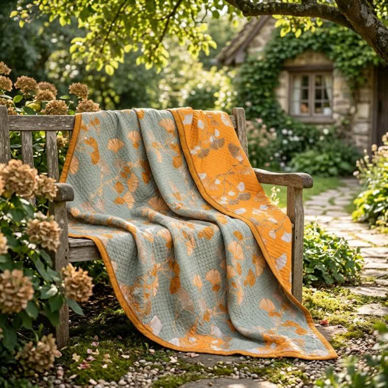 Coperta trapuntata reversibile con motivo botanico di Ginkgo - image 4