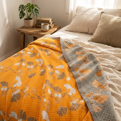Coperta trapuntata reversibile con motivo botanico di Ginkgo - image 7