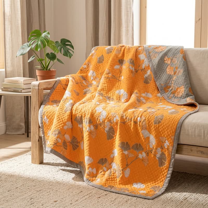 Coperta trapuntata reversibile con motivo botanico di Ginkgo - image 8