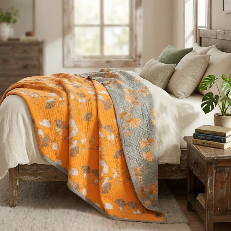 Coperta trapuntata reversibile con motivo botanico di Ginkgo - image 10
