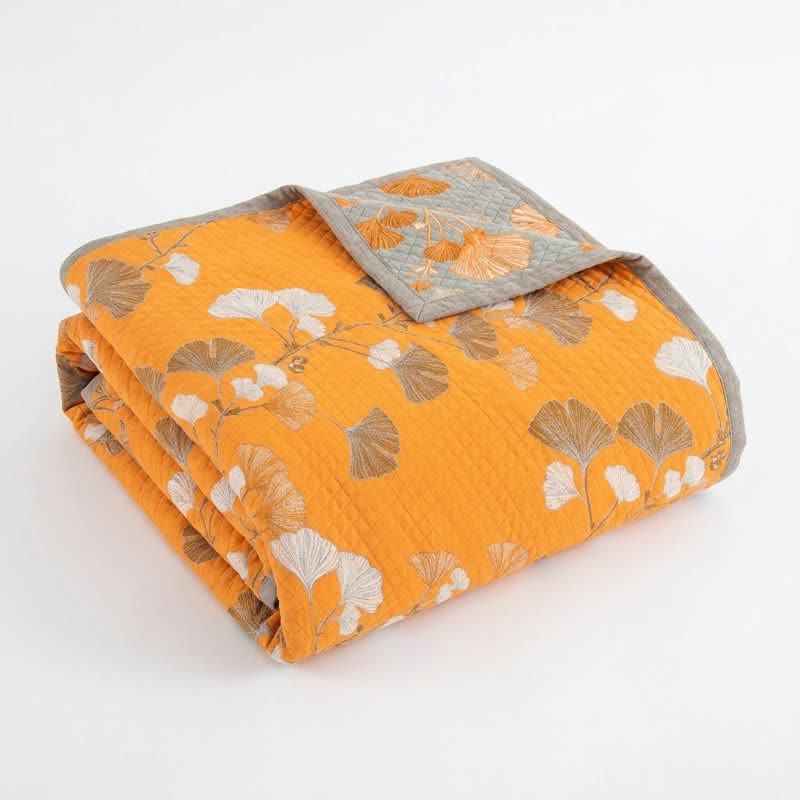 Coperta trapuntata reversibile con motivo botanico di Ginkgo - Arancia - 90" x 92" - image 5