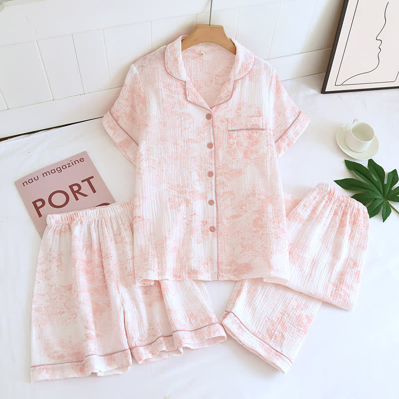 Set pigiama a 3 pezzi in garza di cotone con stampa acquerello - Rosa - XL - image 2