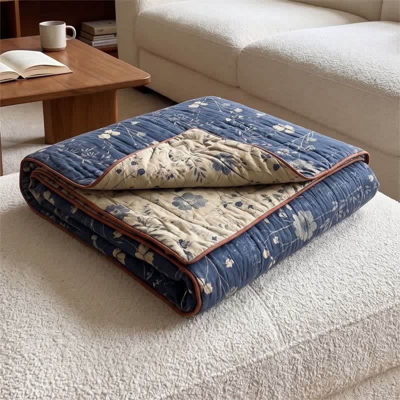 Trapunta reversibile blu a fantasia floreale in stile cottage - Blu - Matrimoniale Grande - image 0