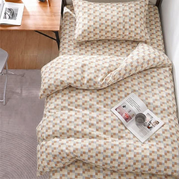 Set di biancheria da letto con motivo a mosaico in tonalità neutre e calde - Singolo XL - Quadri marroni - Set completo da 5 pezzi - image 0
