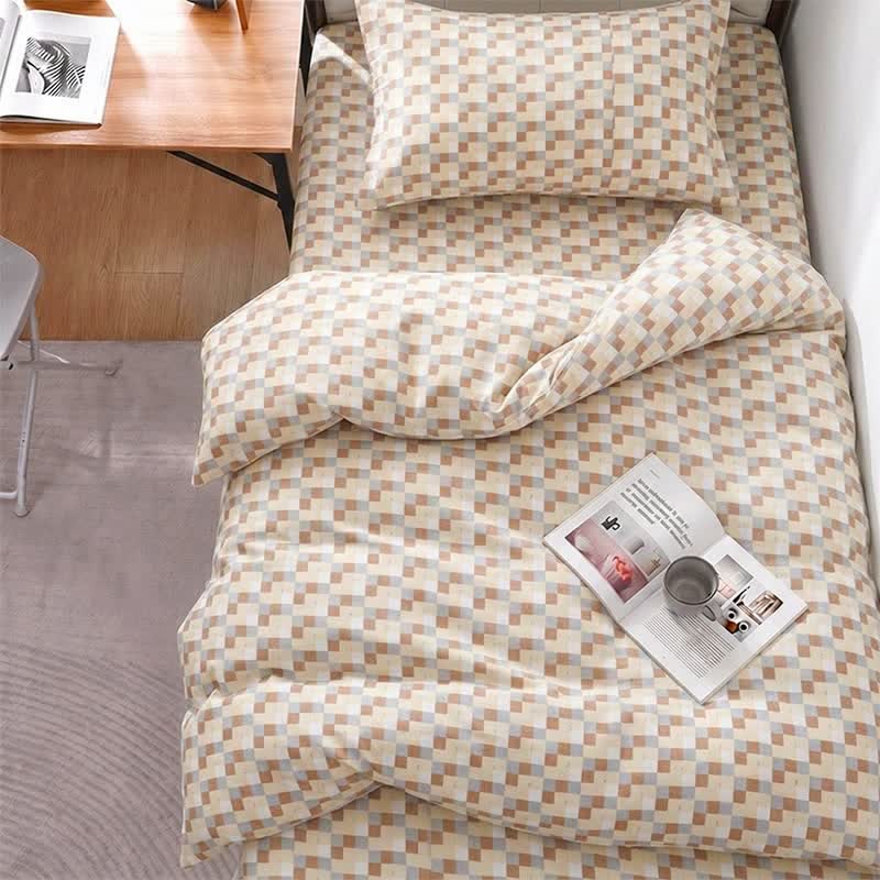 Set di biancheria da letto con motivo a mosaico in tonalità neutre e calde - Singolo XL - Quadri marroni - Set completo da 5 pezzi - image 0