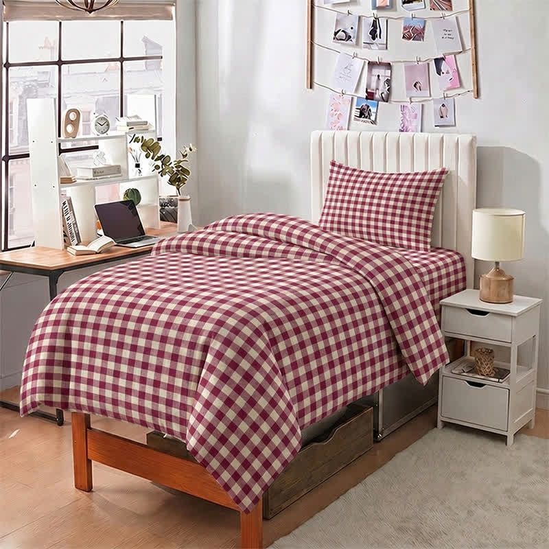 Set di biancheria da letto Singolo XL a quadretti rossi per dormitorio - image 2