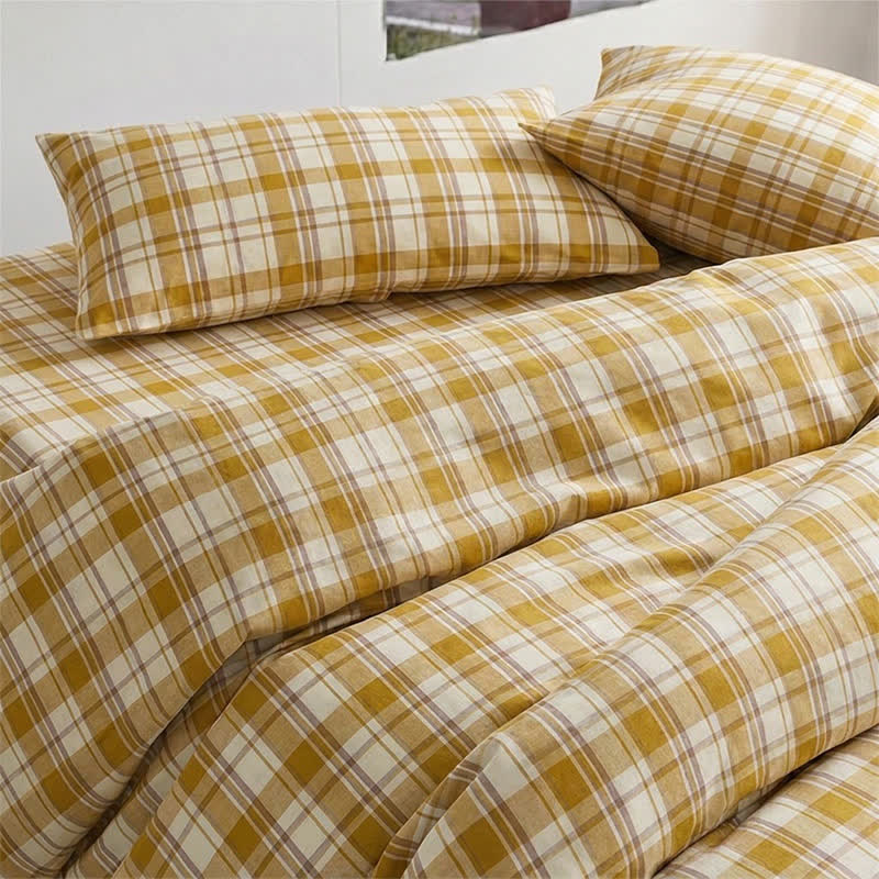 Set di biancheria da letto matrimoniale extra-large a Singolo XL senape per dormitorio - Singolo XL - Quadri gialli - Set completo da 5 pezzi - image 0
