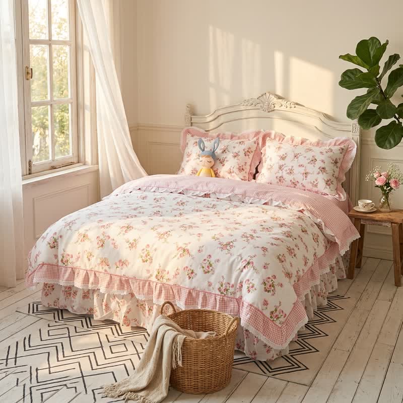 Set di biancheria da letto in cotone con volant e stampa floreale vintage. - image 1