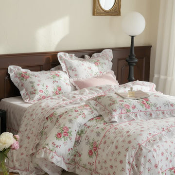Set di biancheria da letto romantico con volant a rose - Bianco - Set di biancheria da letto da 4 pezzi - Matrimoniale - image 0