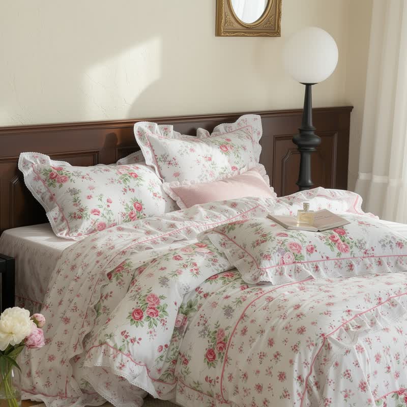 Set di biancheria da letto romantico con volant a rose - Bianco - Set di biancheria da letto da 4 pezzi - Matrimoniale - image 0