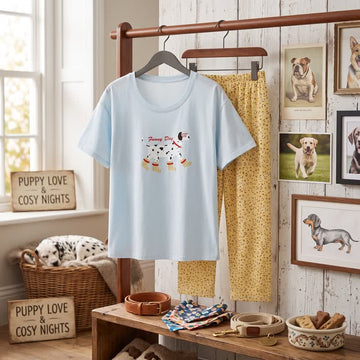 Completo da casa in cotone con graziosa stampa di un cane - Blu e giallo - 2XL - image 0