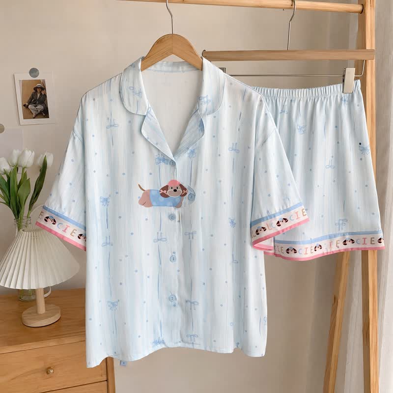 Set pigiama azzurro con stampa di cuccioli - Blu - 2XL - image 0