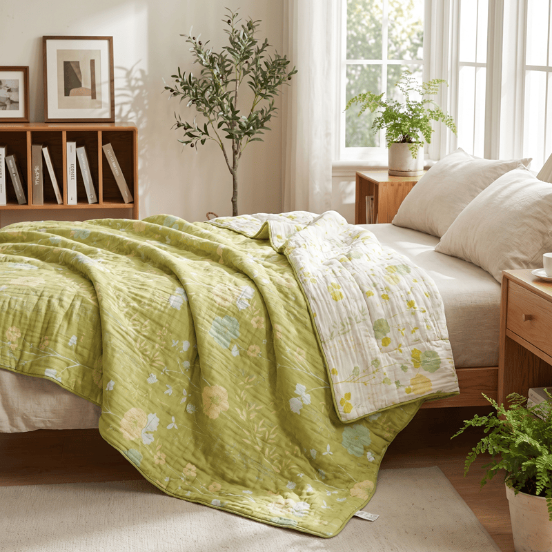 Trapunta reversibile in cotone con motivo floreale verde tenue - image 5