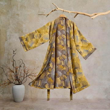 Accappatoio vintage in doppia garza di cotone con foglie di ginkgo - Giallo - 2XL - image 0