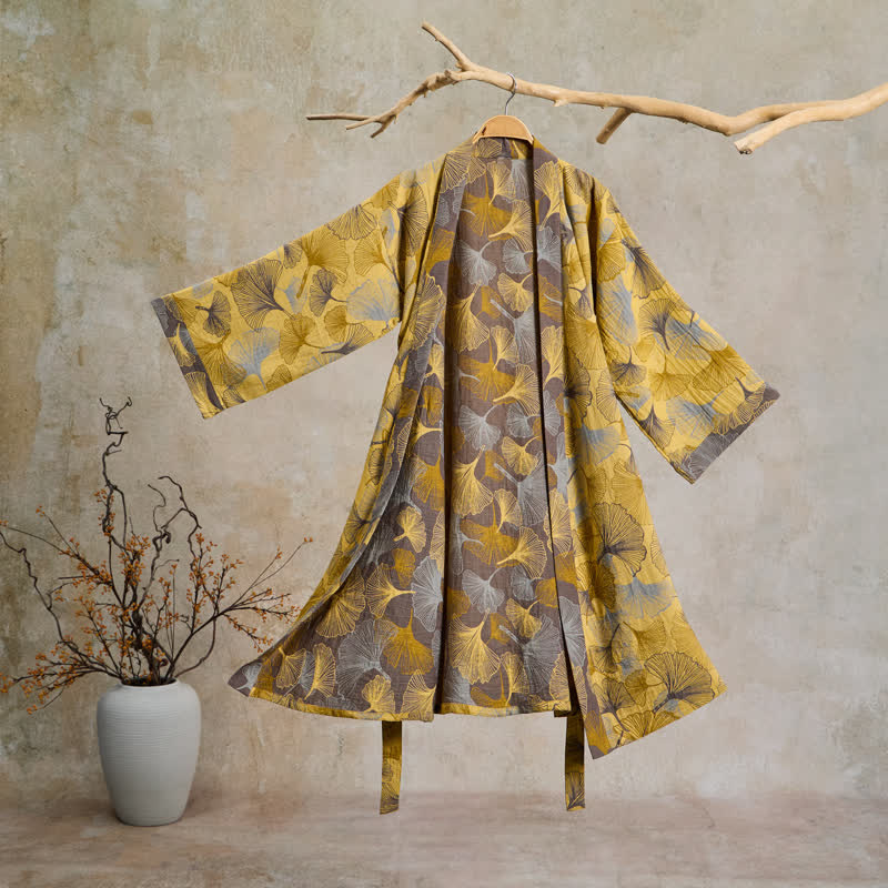 Accappatoio vintage in doppia garza di cotone con foglie di ginkgo - Giallo - 2XL - image 0