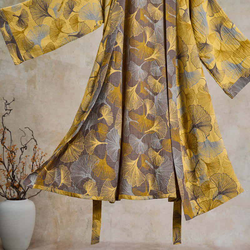 Accappatoio vintage in doppia garza di cotone con foglie di ginkgo - image 3