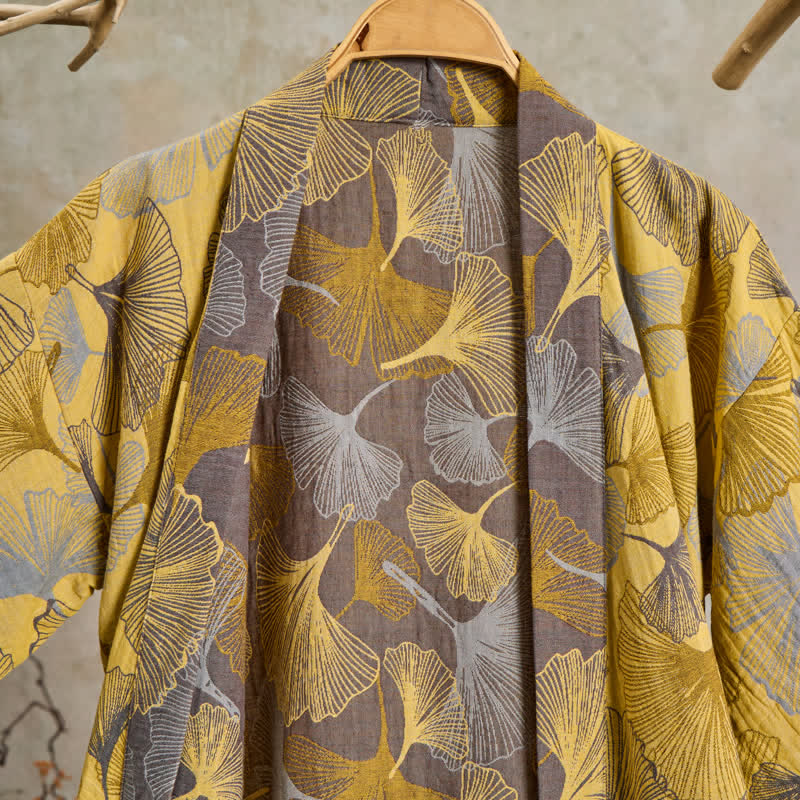 Accappatoio vintage in doppia garza di cotone con foglie di ginkgo - image 2