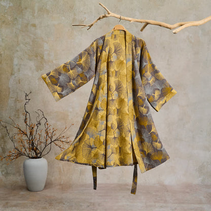 Accappatoio vintage in doppia garza di cotone con foglie di ginkgo - Marrone chiaro - 2XL - image 6