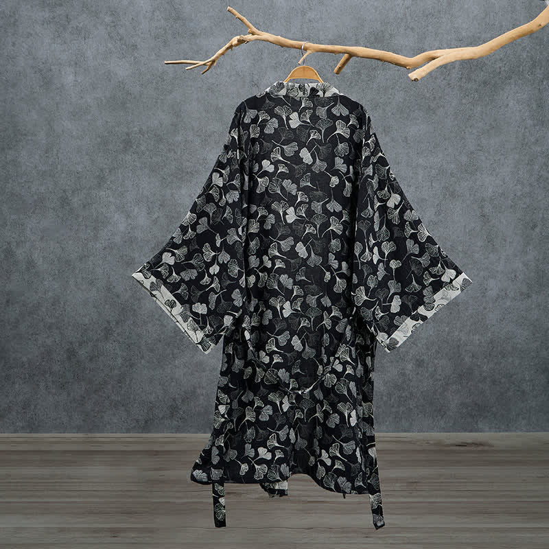 Kimono in cotone con foglie di ginkgo bianche e nere - image 1
