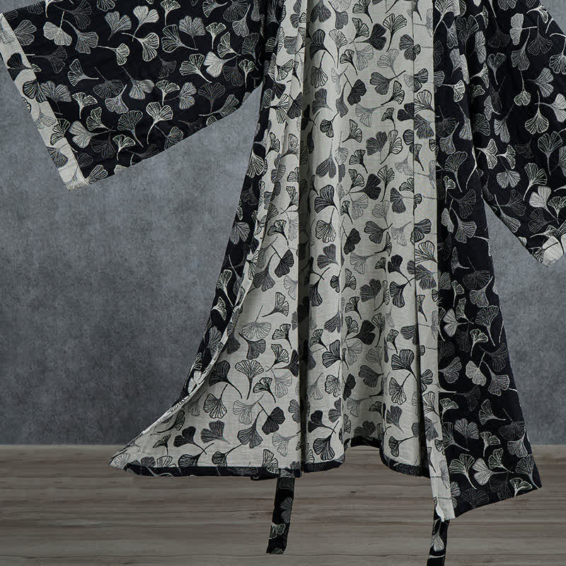 Kimono in cotone con foglie di ginkgo bianche e nere - image 4