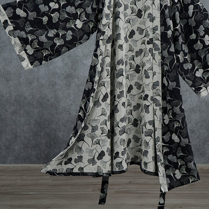 Kimono in cotone con foglie di ginkgo bianche e nere - image 4