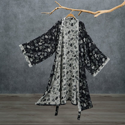 Kimono in cotone con foglie di ginkgo bianche e nere - Nero - 2XL - image 0