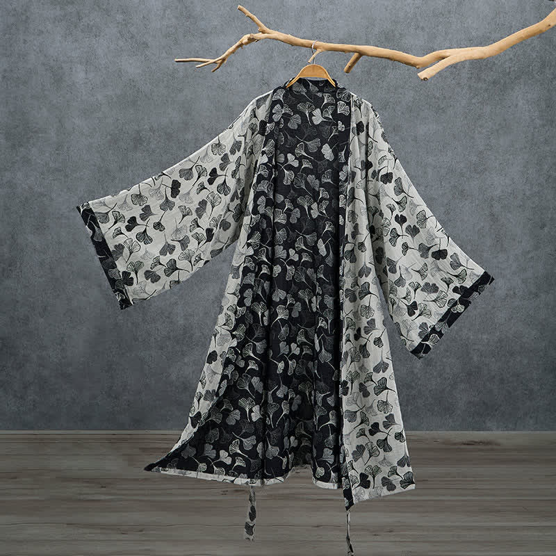 Kimono in cotone con foglie di ginkgo bianche e nere - Bianco - 2XL - image 7