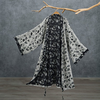 Kimono in cotone con foglie di ginkgo bianche e nere - Bianco - 2XL - image 7