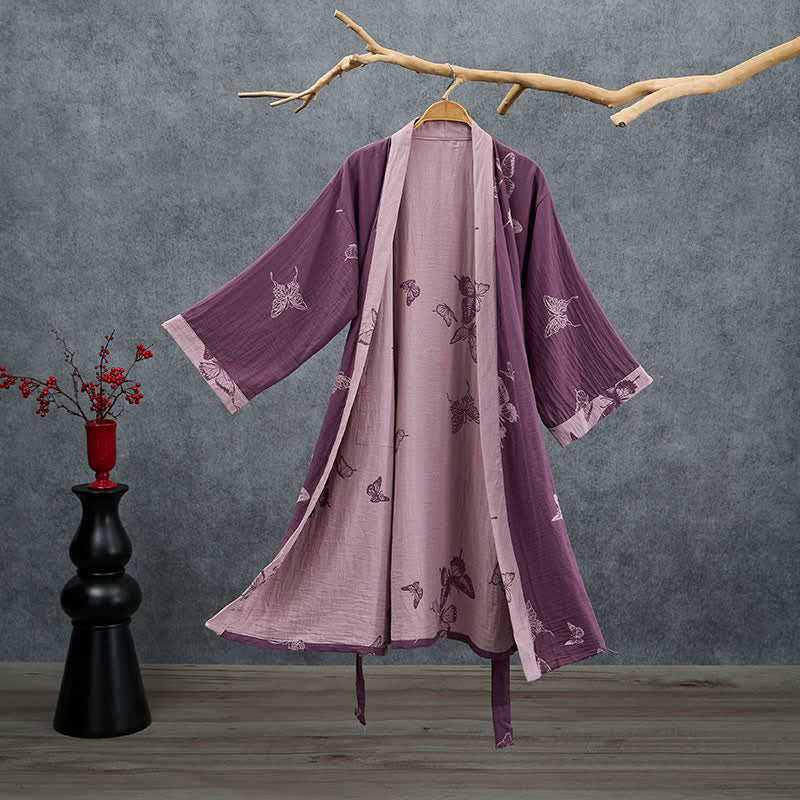 Kimono in doppia garza di cotone con motivo a farfalla - Viola prugna - 2XL - image 0