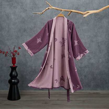 Kimono in doppia garza di cotone con motivo a farfalla - Viola prugna - 2XL - image 0