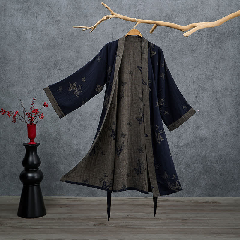 Kimono in doppia garza di cotone con motivo a farfalla blu navy - Marina - 2XL - image 0
